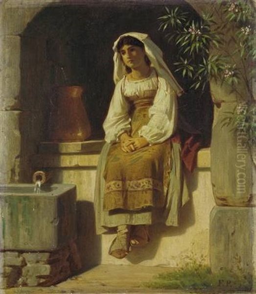 Young Italian Woman At A Fountain Oil Painting by Ferdinand Piloty the Younger