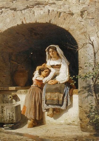 Two Young Girls Fetching Water by Ferdinand Piloty the Younger