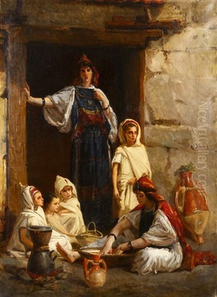 Orientalist Family At Doorway Preparing Cous-cous Oil Painting by Isidore Alexandre Augustin Pils