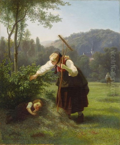 Junge Bauerin Bei Derheuernte Mit Ihrem Schlafenden Kind Oil Painting by Christian Eduard Boettcher