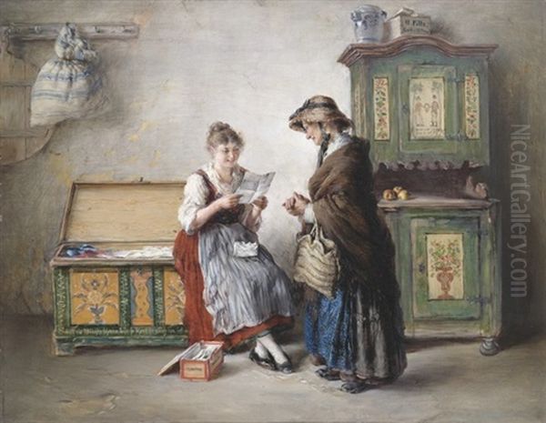 Bauerliches Interieur Mit Mutter Und Tochter Beim Brieflesen Oil Painting by Otto Piltz