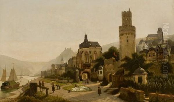 Das Rheinufer Bei Oberwesel Oil Painting by Christian Eduard Boettcher