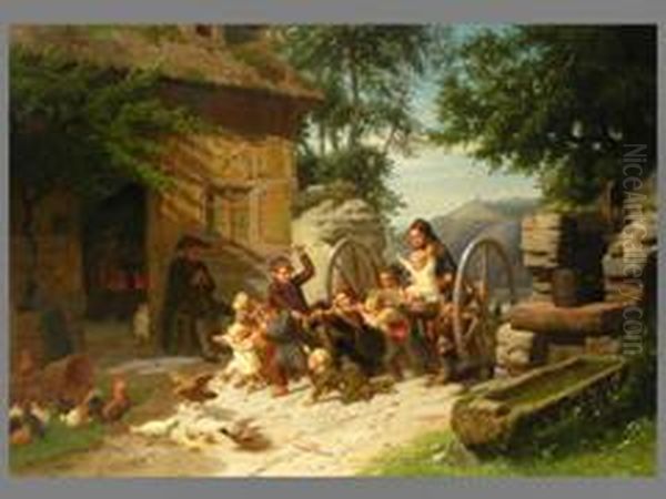 Kinderspiel Auf Dem Hof Vor Tiefer Landschaft Oil Painting by Christian Eduard Boettcher