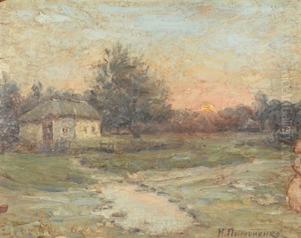 Farm Cottage In A Summer Landscape Oil Painting by Nicolai K. Pimonenko