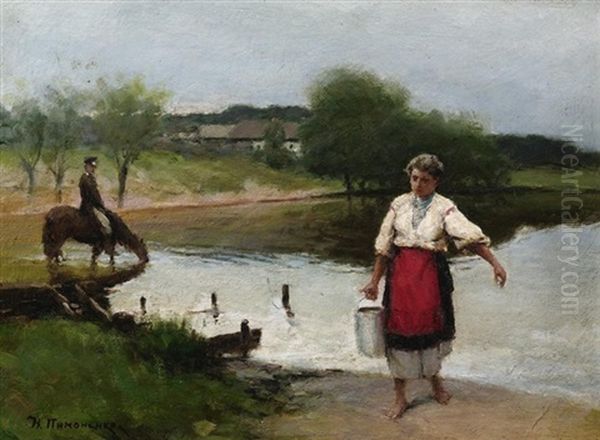 Fluslandschaft Mit Bauerin Und Offizier Zu Pferde Oil Painting by Nicolai K. Pimonenko