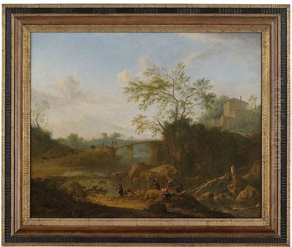 Weite Italienisierende Landschaft Mit Flussfischern Im Vordergrund Und Zahlreichen Staffagefiguren Oil Painting by Nicolas Pimont