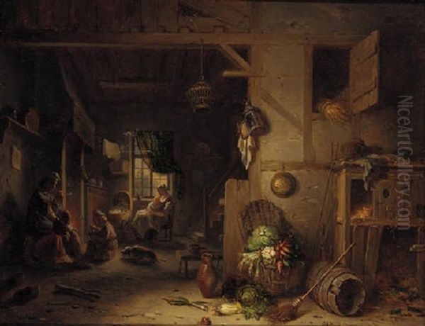 A Family Gathered In A Kitchen Interior Oil Painting by Hippolyte Alexandre Pinart