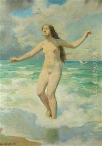 A Nude Girl At A Beach Oil Painting by Hugo Boettinger