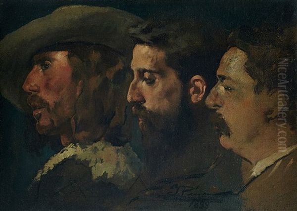 Estudio De Tres Personajes Oil Painting by Ignacio Pinazo Camarlench