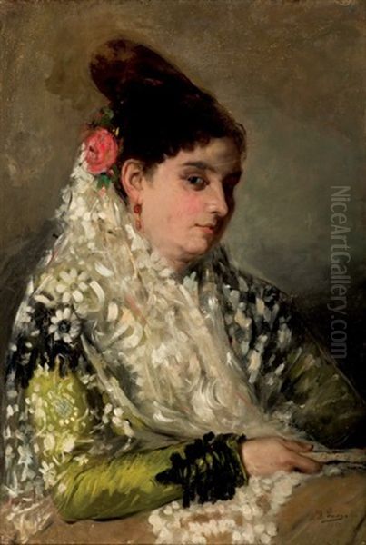 Maja Con Abanico Oil Painting by Ignacio Pinazo Camarlench