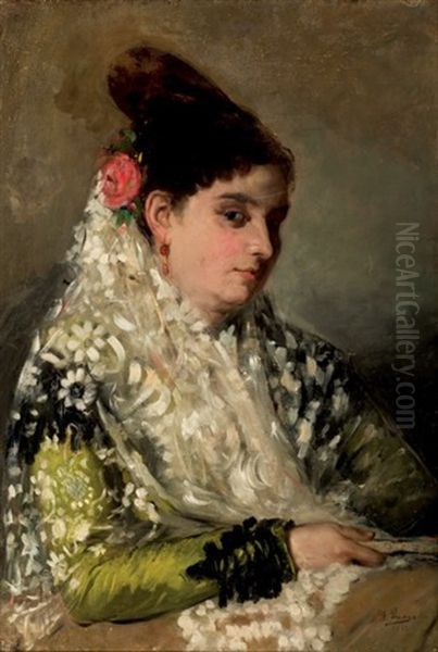 Maja Con Abanico Oil Painting by Ignacio Pinazo Camarlench