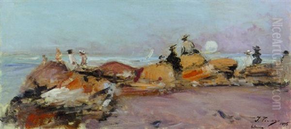 On The Rocky Coast Oil Painting by Ignacio Pinazo Camarlench