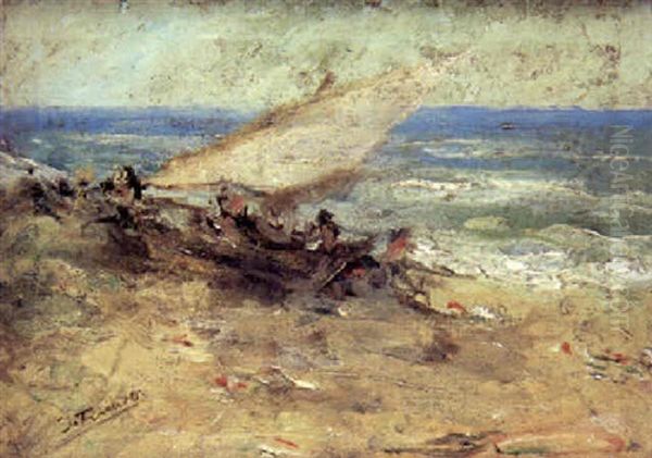 Barca En La Playa Oil Painting by Ignacio Pinazo Camarlench