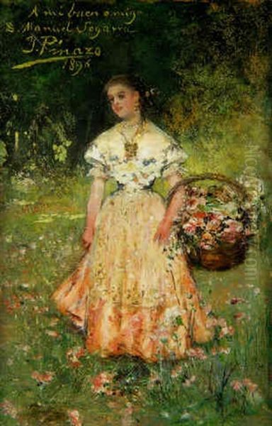 Joven Con Cesto De Flores Oil Painting by Ignacio Pinazo Camarlench