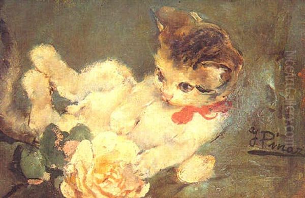 Gatito Jugando Con Una Rosa Oil Painting by Ignacio Pinazo Camarlench