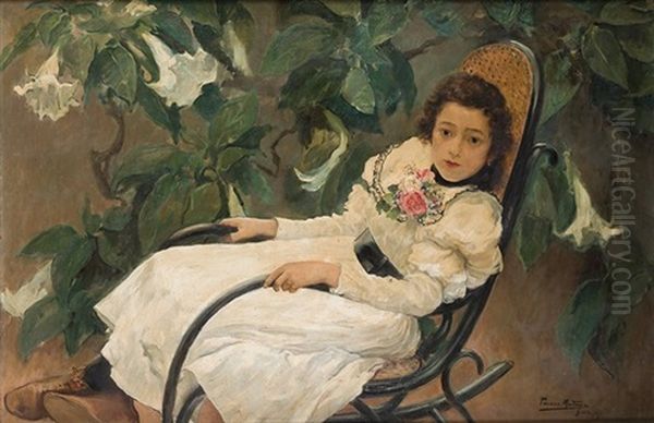 Retrato De Virtudes Con 12 Anos Sentada En Una Mecedora, 1896 Oil Painting by Jose Pinazo Martinez