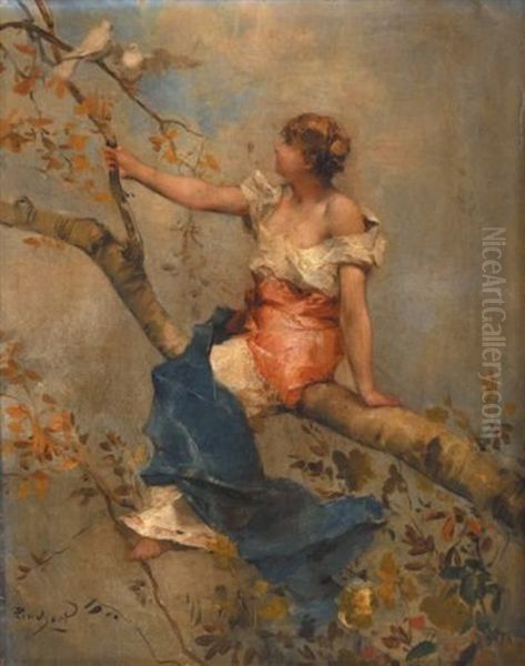 Jeune Femme Assise Sur Une Branche D'arbre, Deux Colombes Lui Faisant Face Oil Painting by Emile Auguste Pinchart