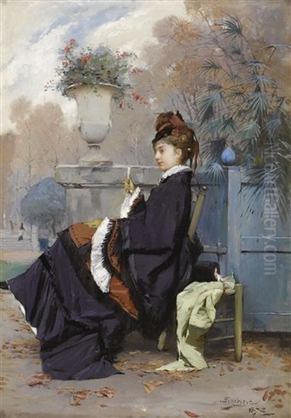 A Fashionable Lady In The Park Oil Painting by Emile Auguste Pinchart