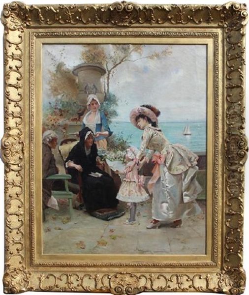 A Family Gathering By The Sea Shore Oil Painting by Emile Auguste Pinchart