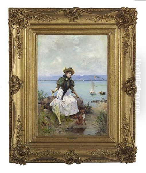 Jeune Femme Au Bord De La Mer Oil Painting by Emile Auguste Pinchart