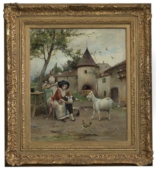 Mother And Son Feeding Goats Oil Painting by Emile Auguste Pinchart