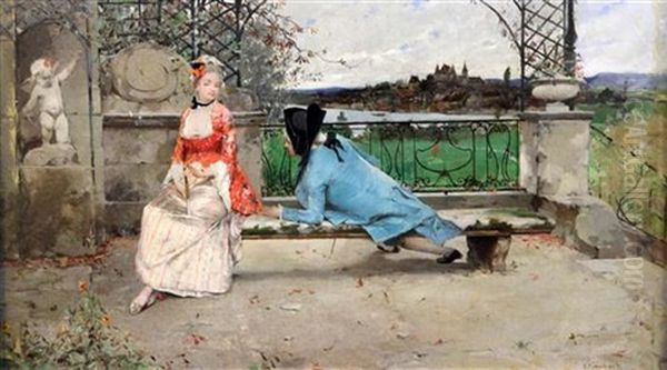 Lovers On A Terrace A Town Beyond Oil Painting by Emile Auguste Pinchart