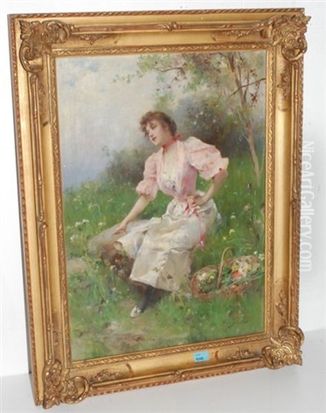 Junge Frau Mit Blumenkorb Oil Painting by Emile Auguste Pinchart