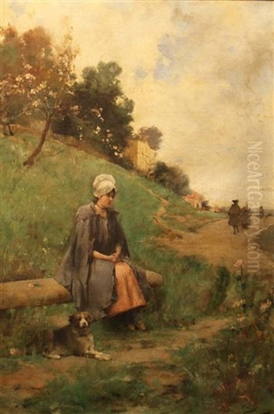 La Jeune Fille Et Le Chien Oil Painting by Emile Auguste Pinchart