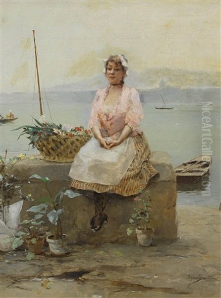 Blumenfrau Am Ufer Des Genfersees Oil Painting by Emile Auguste Pinchart