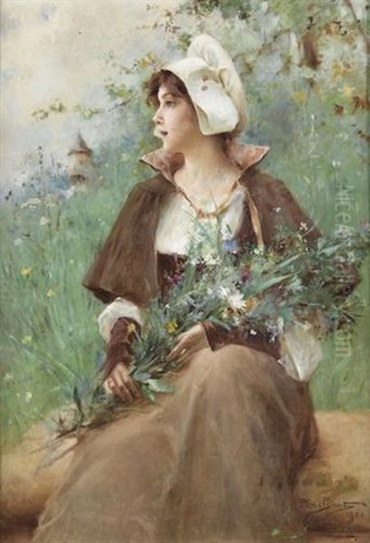 Jeune Femme Avec Bouquet De Fleurs Oil Painting by Emile Auguste Pinchart