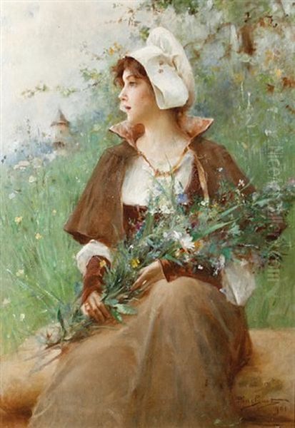 Portrait Of A Lady With Flowers Oil Painting by Emile Auguste Pinchart