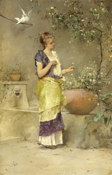 Schone Romerin An Einem Brunnen, Verliebt Die Blatter Einer Margerite Abzahlend Oil Painting by Emile Auguste Pinchart