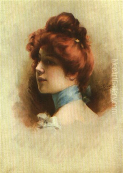 L'elegante Au Ruban Bleu Oil Painting by Emile Auguste Pinchart