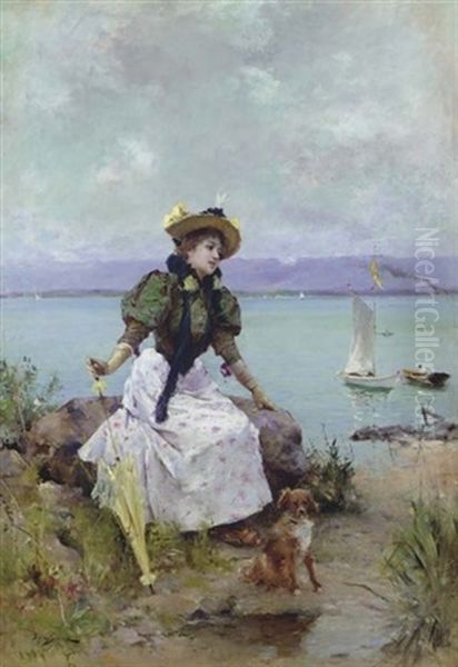 A Young Girl With A Parasol Oil Painting by Emile Auguste Pinchart