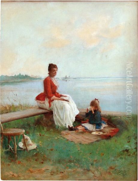 Frau Mit Kind Am See Oil Painting by Emile Auguste Pinchart