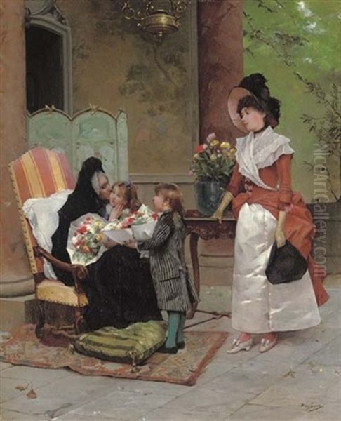 Flowers For Grandma Oil Painting by Emile Auguste Pinchart