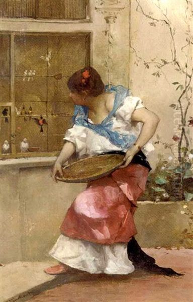 Feeding The Birds Oil Painting by Emile Auguste Pinchart