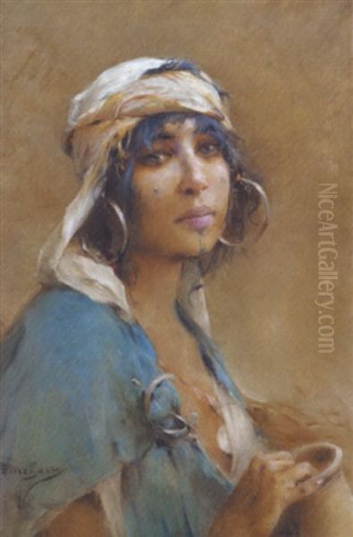 Mabrouka A Tunis (bedouine A La Robe Bleue) Oil Painting by Emile Auguste Pinchart