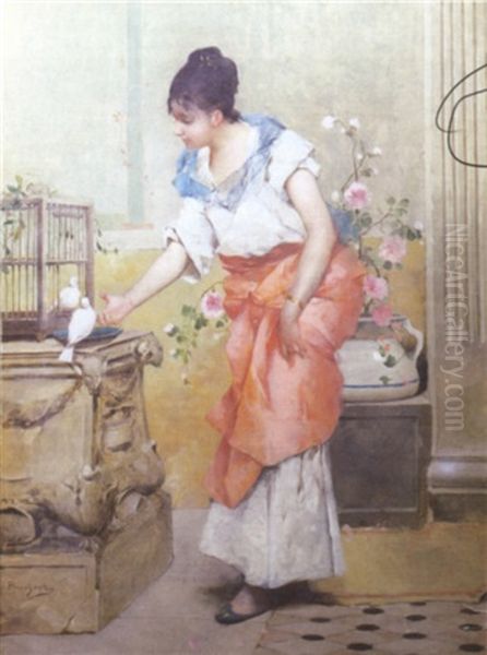 Young Lady With White Doves Oil Painting by Emile Auguste Pinchart