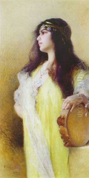 Jeune Tunisienne Au Tambourin Oil Painting by Emile Auguste Pinchart