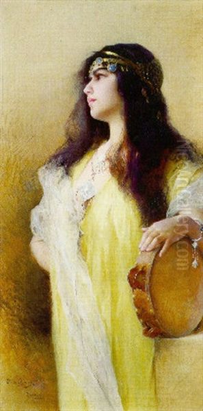 Jeue Tunisienne Au Tambourin Oil Painting by Emile Auguste Pinchart