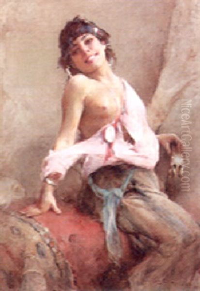 Tunisian Girl With A Tambourine Oil Painting by Emile Auguste Pinchart