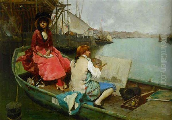 An Artist With A Lady In A Boat In A Harbour Oil Painting by Emile Auguste Pinchart