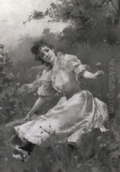 Elegante Dans La Prairie Oil Painting by Emile Auguste Pinchart