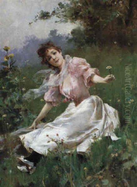 Young Lady In The Meadow Oil Painting by Emile Auguste Pinchart