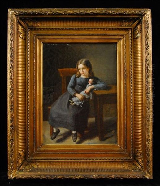 Girl In Blue Dress With Doll Oil Painting by Jean Antoine Pinchon