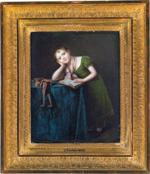 Ein Junges Madchen Mit Einem Buch Und Harlekinpuppe Oil Painting by Jean Antoine Pinchon