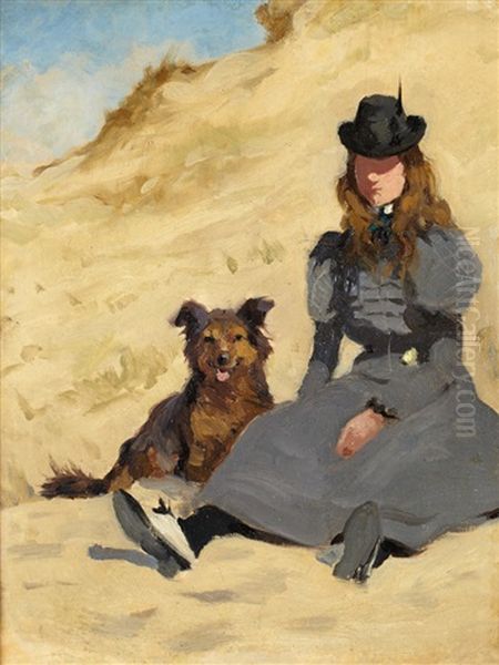 Jeune Fille Au Chien Sur La Dune by Joseph Porphyre Pinchon