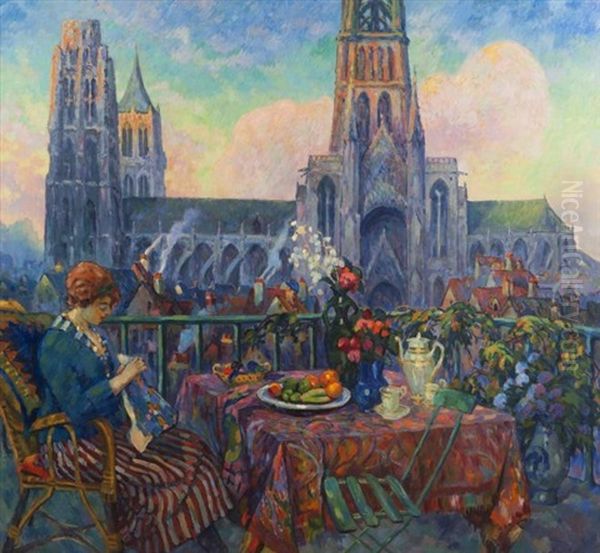 Jeune Femme Au Balcon, La Cathedrale De Rouen Oil Painting by Robert Antoine Pinchon