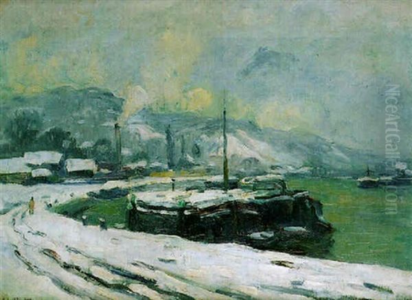 Peniches A Quai Sur La Seine En Hiver A Rouen Oil Painting by Robert Antoine Pinchon